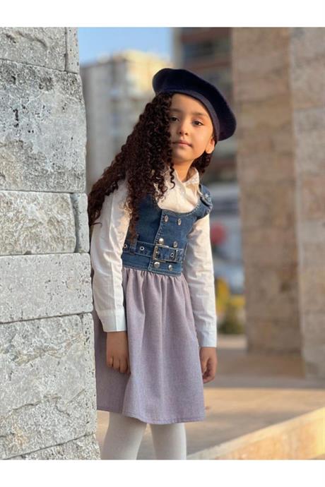 Kız Çocuk Üstü Kot Yelekli Jileli Salopet Elbise LİLA 12 Yaş