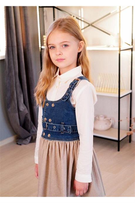 Kız Çocuk Üstü Kot Yelekli Jileli Salopet Elbise Krem 8 Yaş