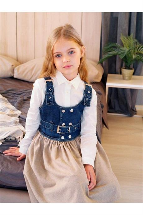 Kız Çocuk Üstü Kot Yelekli Jileli Salopet Elbise Krem 14 Yaş