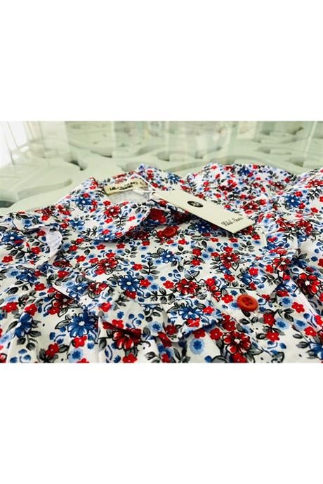 Kız Çocuk Uzun Kollu Çiçek Desenli Gömlek Kot Pantolon 2'li Takım Kırmızı 10 Yaş