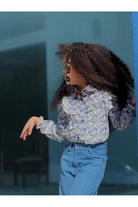 Kız Çocuk Uzun Kollu Çiçek Desenli Gömlek Kot Pantolon 2'li Takım Yeşil 10 Yaş