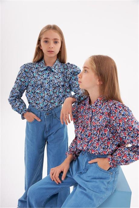 Kız Çocuk Uzun Kollu Çiçek Desenli Gömlek Kot Pantolon 2'li Takım Lacivert 8 Yaş