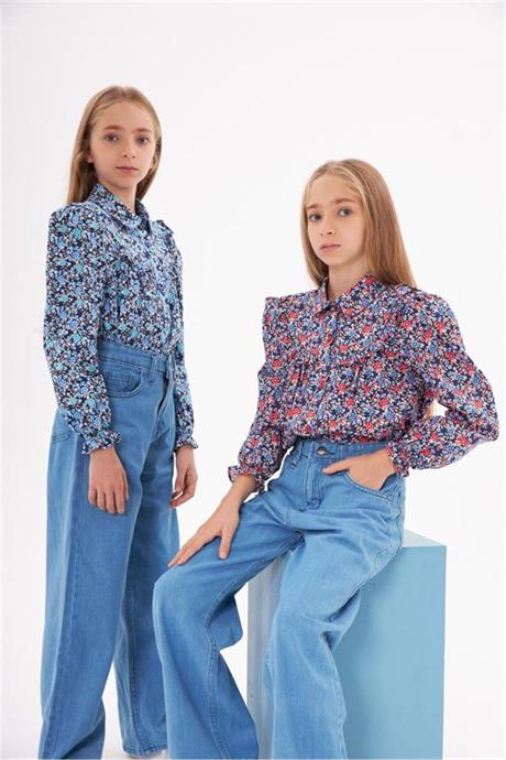 Kız Çocuk Uzun Kollu Çiçek Desenli Gömlek Kot Pantolon 2'li Takım Lacivert 14 Yaş