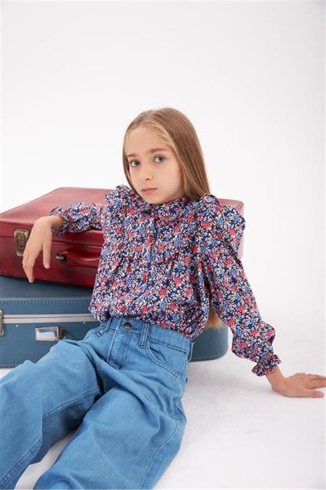 Kız Çocuk Uzun Kollu Çiçek Desenli Gömlek Kot Pantolon 2'li Takım Lacivert 6 Yaş