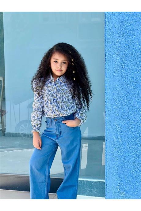 Kız Çocuk Uzun Kollu Çiçek Desenli Gömlek Kot Pantolon 2'li Takım Yeşil 14 Yaş