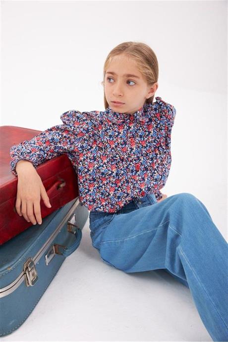 Kız Çocuk Uzun Kollu Çiçek Desenli Gömlek Kot Pantolon 2'li Takım Lacivert 6 Yaş