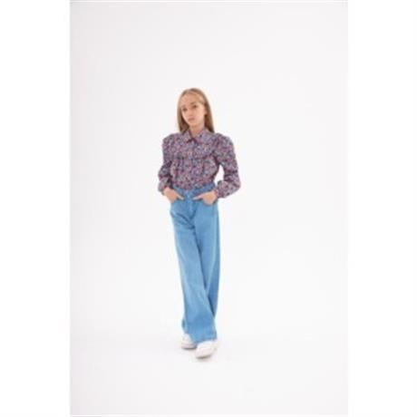 Kız Çocuk Uzun Kollu Çiçek Desenli Gömlek Kot Pantolon 2'li Takım Kırmızı 10 Yaş