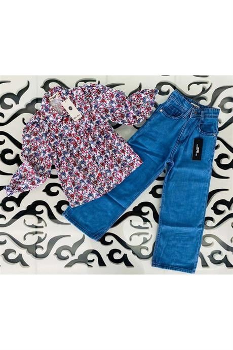 Kız Çocuk Uzun Kollu Çiçek Desenli Gömlek Kot Pantolon 2'li Takım Kırmızı 6 Yaş