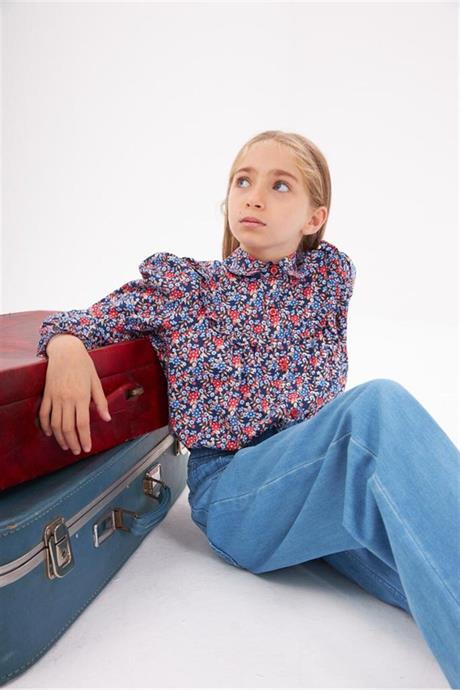 Kız Çocuk Uzun Kollu Çiçek Desenli Gömlek Kot Pantolon 2'li Takım Lacivert 10 Yaş