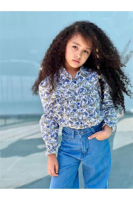 Kız Çocuk Uzun Kollu Çiçek Desenli Gömlek Kot Pantolon 2'li Takım Yeşil 14 Yaş