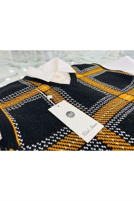 Kız Çocuk V Yaka Triko Süveter Beyaz Gömlek Kareli Pantolon 3'lü Takım Hardal 8 Yaş