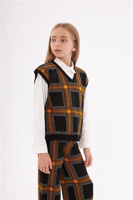 Kız Çocuk V Yaka Triko Süveter Beyaz Gömlek Kareli Pantolon 3'lü Takım Hardal 4 Yaş