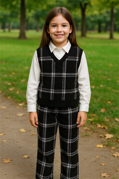 Kız Çocuk V Yaka Triko Süveter Beyaz Gömlek Kareli Pantolon 3'lü Takım Kahverengi 8 Yaş