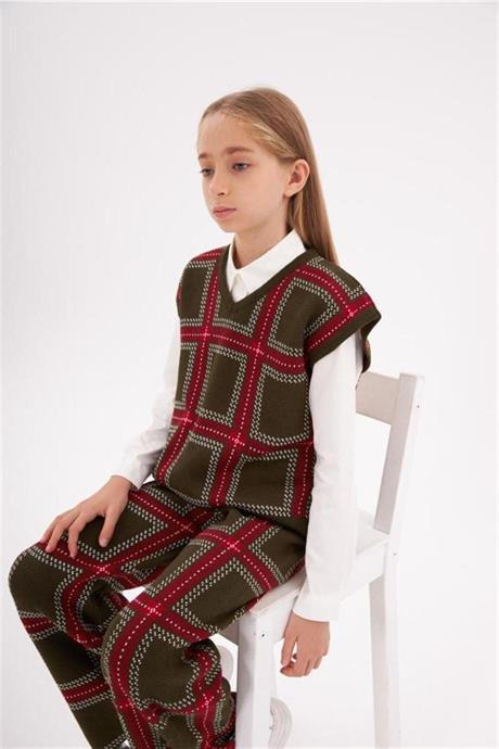 Kız Çocuk V Yaka Triko Süveter Beyaz Gömlek Kareli Pantolon 3'lü Takım Kırmızı 14 Yaş
