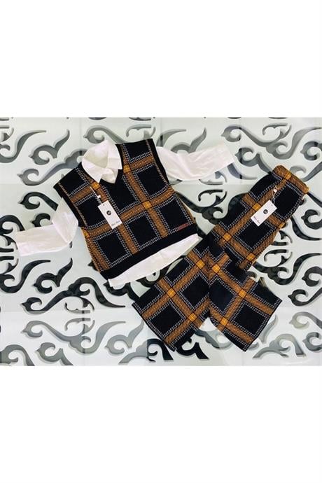 Kız Çocuk V Yaka Triko Süveter Beyaz Gömlek Kareli Pantolon 3'lü Takım Hardal 4 Yaş