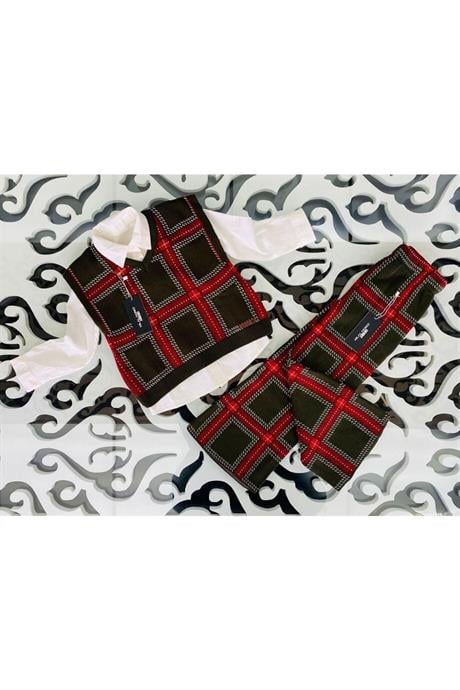 Kız Çocuk V Yaka Triko Süveter Beyaz Gömlek Kareli Pantolon 3'lü Takım Kırmızı 14 Yaş