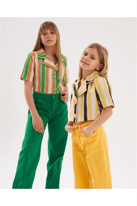 Kız Çocuk Vatkalı Astarlı Crop Blazer Ceket Renkli Pantolon 2'li Takım Yeşil 10 Yaş