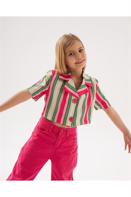 Kız Çocuk Vatkalı Astarlı Crop Blazer Ceket Renkli Pantolon 2'li Takım Pembe 10 Yaş