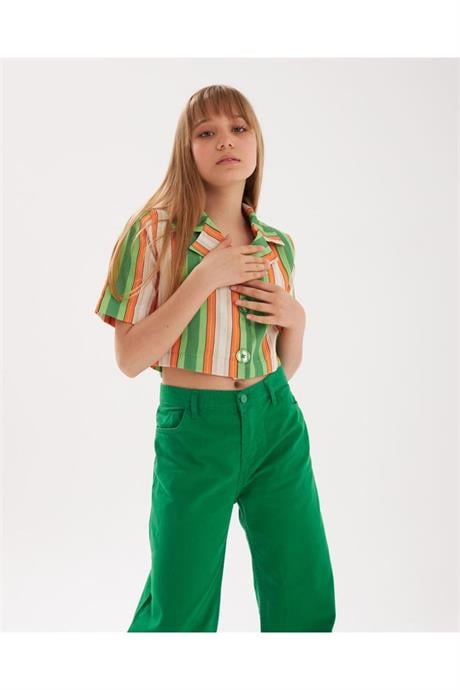 Kız Çocuk Vatkalı Astarlı Crop Blazer Ceket Renkli Pantolon 2'li Takım Yeşil 10 Yaş