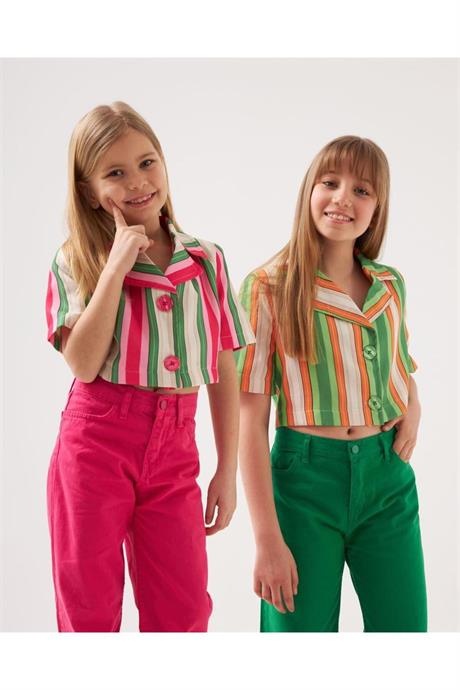 Kız Çocuk Vatkalı Astarlı Crop Blazer Ceket Renkli Pantolon 2'li Takım Pembe 12 Yaş