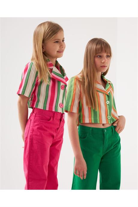 Kız Çocuk Vatkalı Astarlı Crop Blazer Ceket Renkli Pantolon 2'li Takım Pembe 10 Yaş