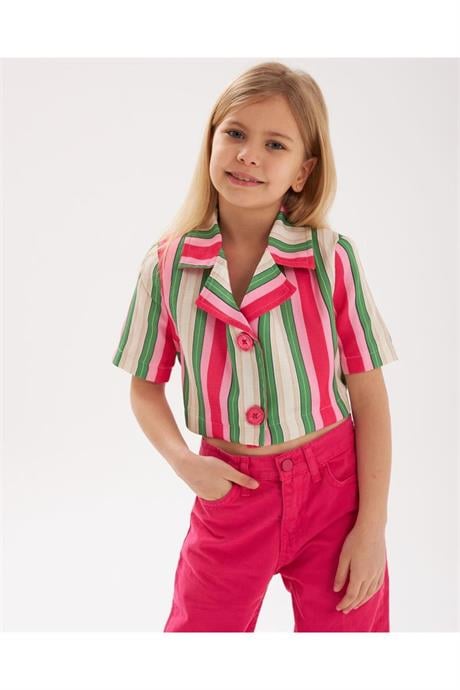 Kız Çocuk Vatkalı Astarlı Crop Blazer Ceket Renkli Pantolon 2'li Takım Pembe 8 Yaş