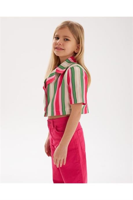 Kız Çocuk Vatkalı Astarlı Crop Blazer Ceket Renkli Pantolon 2'li Takım Pembe 12 Yaş