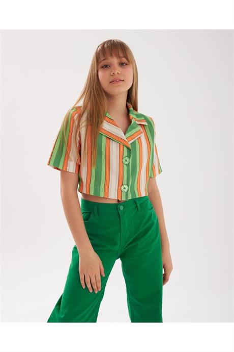 Kız Çocuk Vatkalı Astarlı Crop Blazer Ceket Renkli Pantolon 2'li Takım Yeşil 12 Yaş