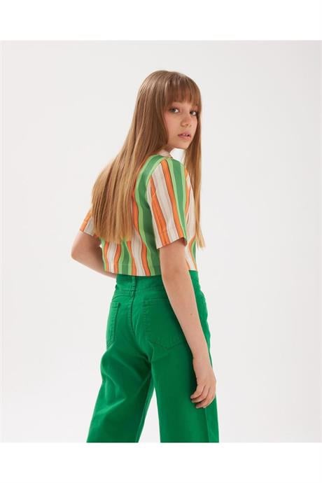 Kız Çocuk Vatkalı Astarlı Crop Blazer Ceket Renkli Pantolon 2'li Takım Yeşil 10 Yaş