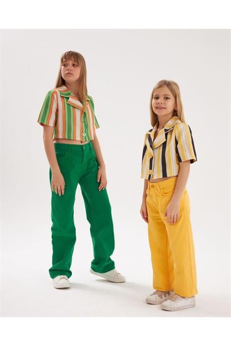 Kız Çocuk Vatkalı Astarlı Crop Blazer Ceket Renkli Pantolon 2'li Takım Sarı 6 Yaş