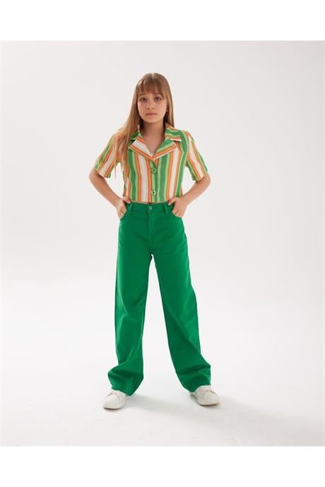 Kız Çocuk Vatkalı Astarlı Crop Blazer Ceket Renkli Pantolon 2'li Takım Yeşil 12 Yaş