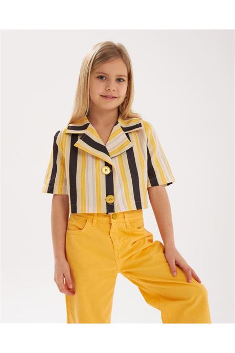 Kız Çocuk Vatkalı Astarlı Crop Blazer Ceket Renkli Pantolon 2'li Takım Sarı 4 Yaş