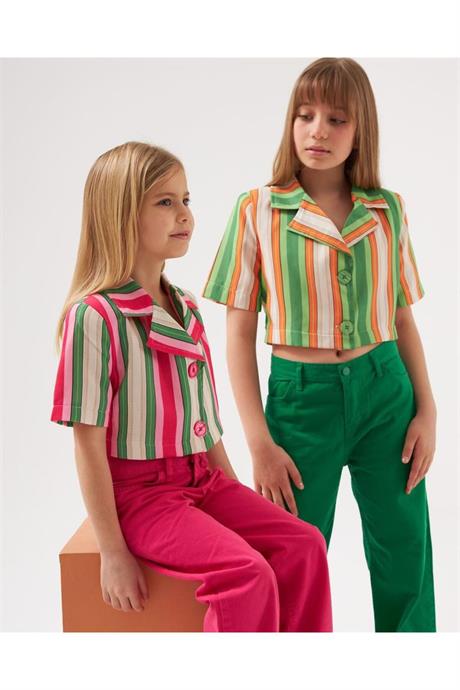 Kız Çocuk Vatkalı Astarlı Crop Blazer Ceket Renkli Pantolon 2'li Takım Pembe 10 Yaş