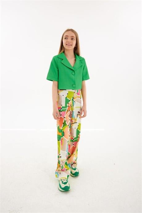 Kız Çocuk Vatkalı Blazer Ceket Rengarenk Desenli Geniş Paça Pantolon 2'li Takım Yeşil 12 Yaş