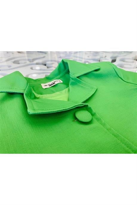 Kız Çocuk Vatkalı Blazer Ceket Rengarenk Desenli Geniş Paça Pantolon 2'li Takım Yeşil 14 Yaş