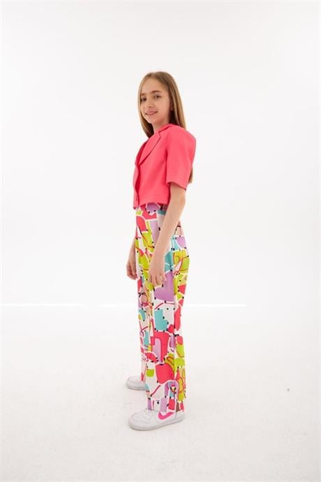 Kız Çocuk Vatkalı Blazer Ceket Rengarenk Desenli Geniş Paça Pantolon 2'li Takım Fuşya 6 Yaş