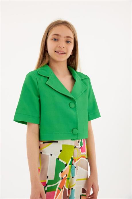 Kız Çocuk Vatkalı Blazer Ceket Rengarenk Desenli Geniş Paça Pantolon 2'li Takım Yeşil 10 Yaş