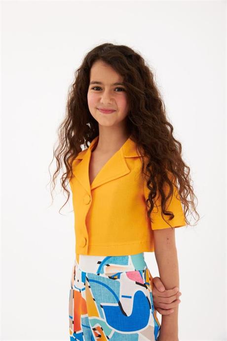 Kız Çocuk Vatkalı Blazer Ceket Rengarenk Desenli Geniş Paça Pantolon 2'li Takım Turuncu 12 Yaş