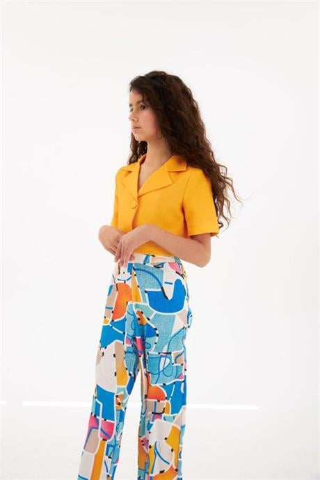 Kız Çocuk Vatkalı Blazer Ceket Rengarenk Desenli Geniş Paça Pantolon 2'li Takım Turuncu 10 Yaş