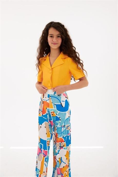 Kız Çocuk Vatkalı Blazer Ceket Rengarenk Desenli Geniş Paça Pantolon 2'li Takım Turuncu 6 Yaş