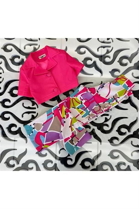 Kız Çocuk Vatkalı Blazer Ceket Rengarenk Desenli Geniş Paça Pantolon 2'li Takım Fuşya 6 Yaş