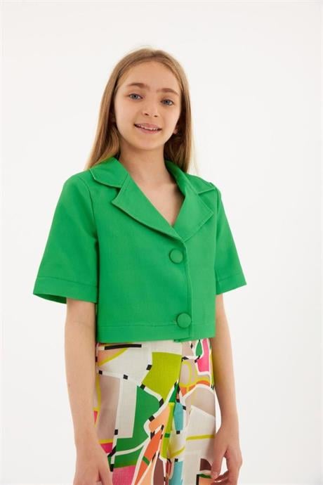 Kız Çocuk Vatkalı Blazer Ceket Rengarenk Desenli Geniş Paça Pantolon 2'li Takım Yeşil 14 Yaş