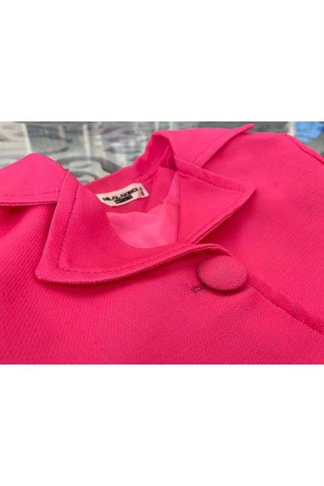 Kız Çocuk Vatkalı Blazer Ceket Rengarenk Desenli Geniş Paça Pantolon 2'li Takım Fuşya 14 Yaş