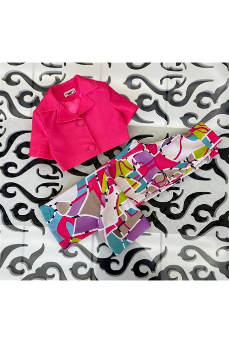 Kız Çocuk Vatkalı Blazer Ceket Rengarenk Desenli Geniş Paça Pantolon 2'li Takım Fuşya 12 Yaş