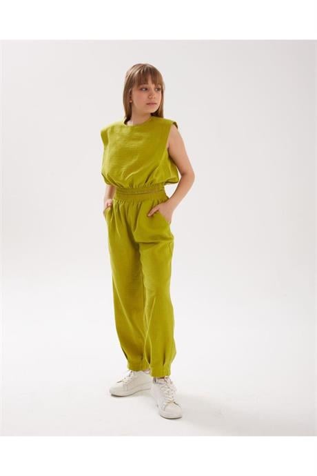 Kız Çocuk Vatkalı Keten Bluz Paçada Pens Detaylı Harem Pantolon 2'li Takım Yeşil 8 Yaş