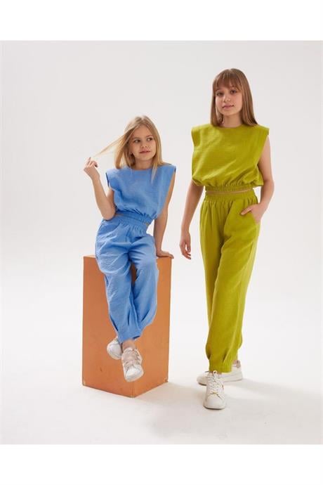 Kız Çocuk Vatkalı Keten Bluz Paçada Pens Detaylı Harem Pantolon 2'li Takım Yeşil 12 Yaş