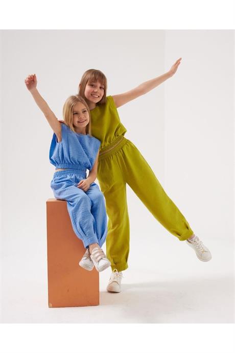 Kız Çocuk Vatkalı Keten Bluz Paçada Pens Detaylı Harem Pantolon 2'li Takım Yeşil 10 Yaş