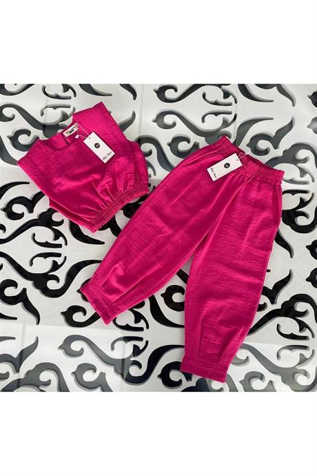 Kız Çocuk Vatkalı Keten Bluz Paçada Pens Detaylı Harem Pantolon 2'li Takım Fuşya 10 Yaş