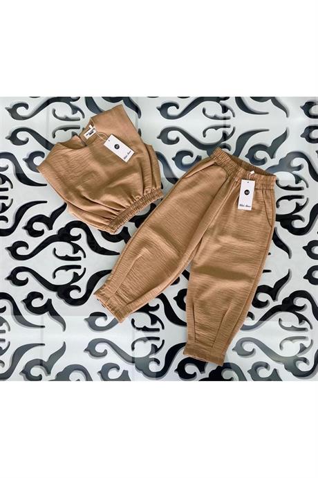 Kız Çocuk Vatkalı Keten Bluz Paçada Pens Detaylı Harem Pantolon 2'li Takım Krem 6 Yaş