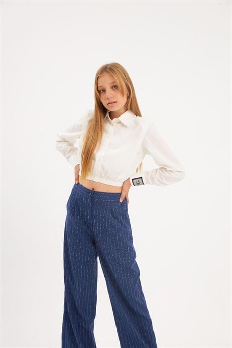 Kız Çocuk Vatkalı Tasarım Kol Etiketli Beyaz Gömlek Çizgili Bol Paça Pantolon 2'li Takım Lacivert 10 Yaş